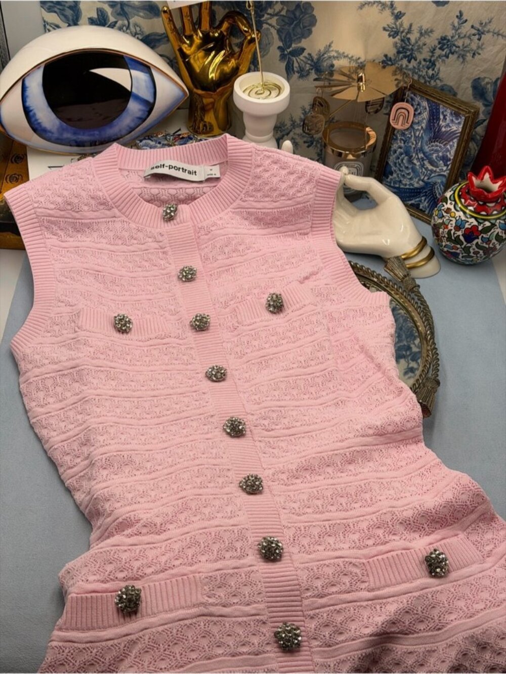 🆕 SELF-PORTRAIT 🧿 NWOT Pink Pointelle Diamante Button Knit Mini Dress, Sz M - Picture 14 of 16